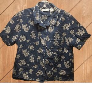 LL Bean Button Down Camp  Shirt XL Denim Floral Blue Tan